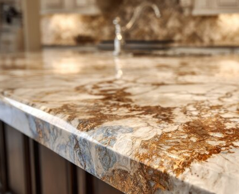 Close-up of a polished granite kitchen countertop with dramatic brown, cream, and gray natural veining