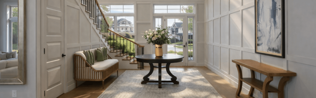 Photorealistic 3D render for luxury home remodel showcasing grand entryway design with natural sunlight and high-end residential exterior