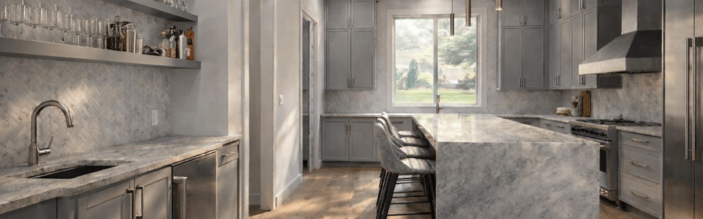 Online Kitchen Design 3D for Remodels featuring a modern gray kitchen with waterfall island, custom cabinetry, and natural sunlight.