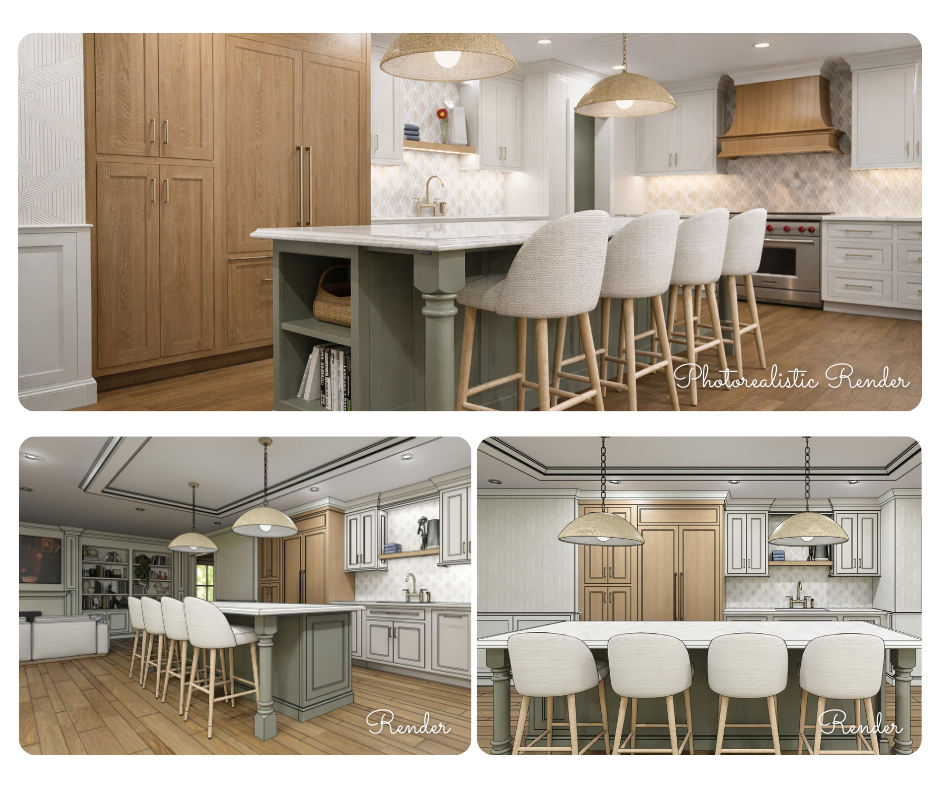 Luxury kitchen designed remotely with virtual kitchen design services featuring custom cabinets, white oak finishes, and detailed 3D visualization
