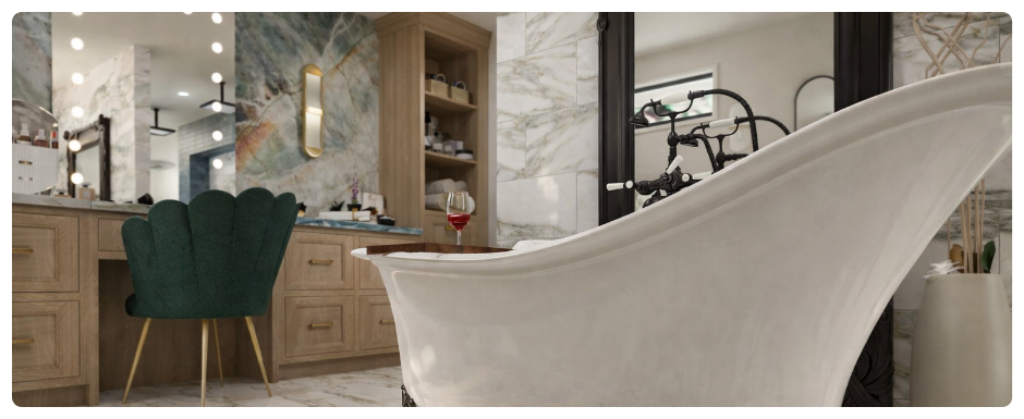 Bathroom design created through virtual interior e-design services with custom vanity, storage, and material selections