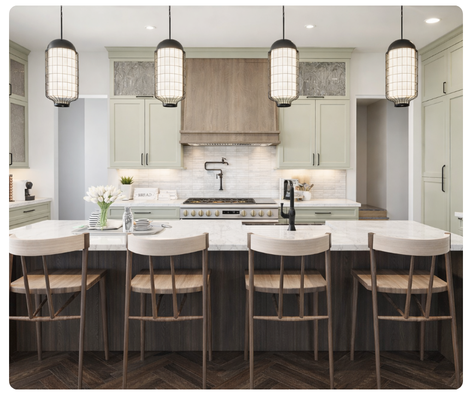 Custom kitchen with sage green cabinets, large island seating, and quartz countertops designed through virtual kitchen design services by Spaces by Candi