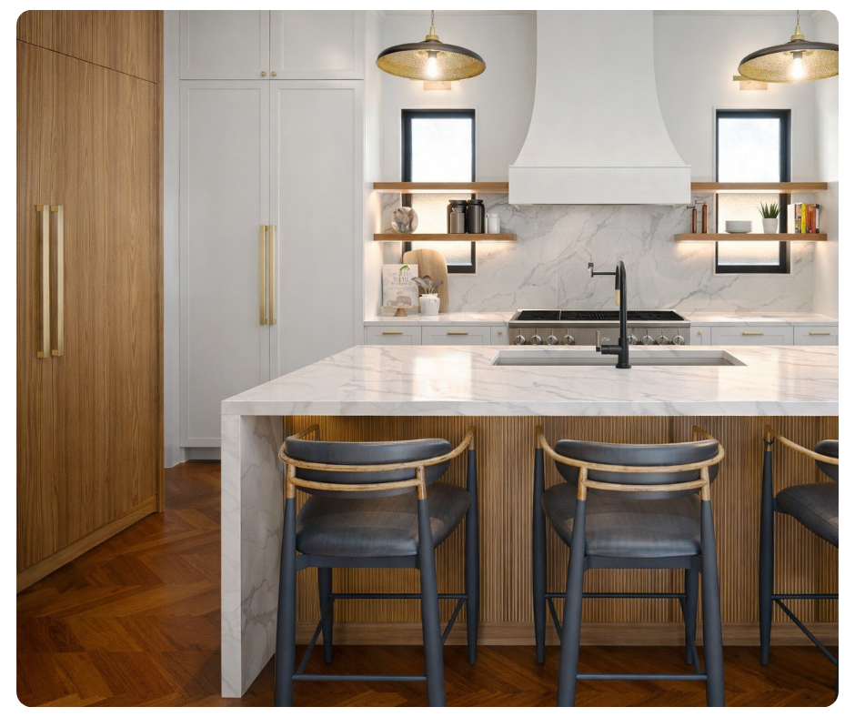 Custom white kitchen with white oak island, marble countertops, and brass accents designed through virtual kitchen design services by Spaces by Candi