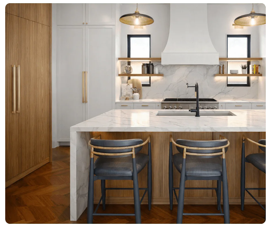 Custom white kitchen with white oak island, marble countertops, and brass accents designed through virtual kitchen design services by Spaces by Candi