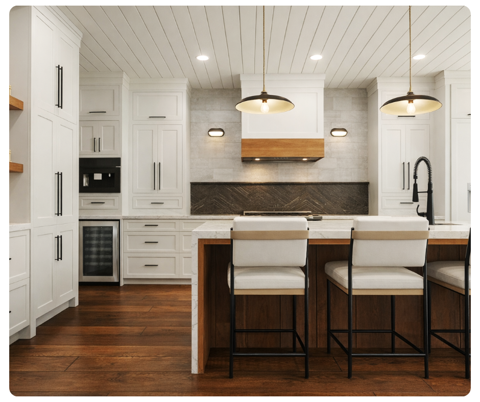 Custom kitchen with full-height cabinetry, integrated appliances, and statement lighting by Spaces by Candi