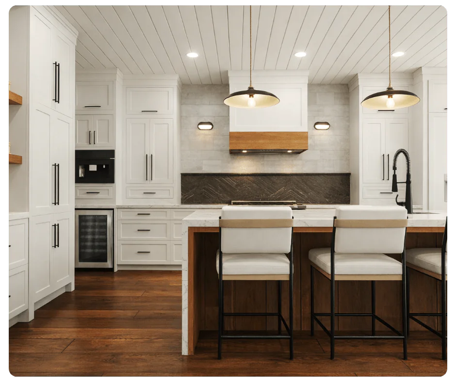 Custom kitchen with full-height cabinetry, integrated appliances, and statement lighting by Spaces by Candi