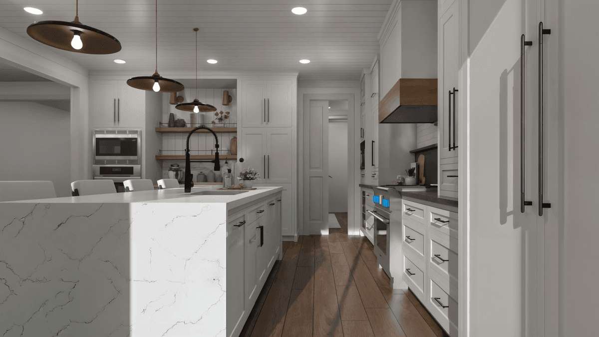 Virtual kitchen design featuring white shaker cabinets, a walnut island, and photorealistic 3D rendering