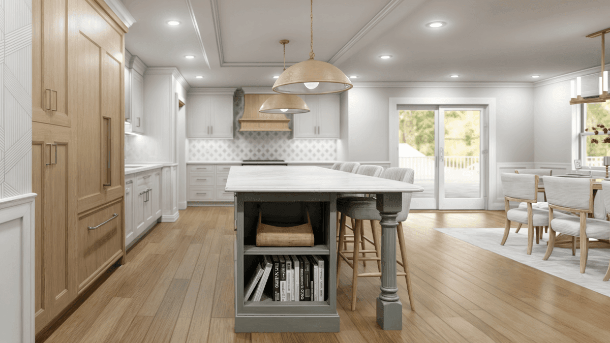 Photorealistic 3D kitchen rendering showcasing a transitional kitchen with custom cabinetry and wood range hood