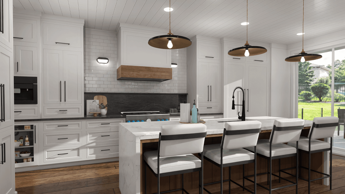 Photorealistic 3D kitchen rendering showcasing a custom kitchen layout with large center island and built-in appliance