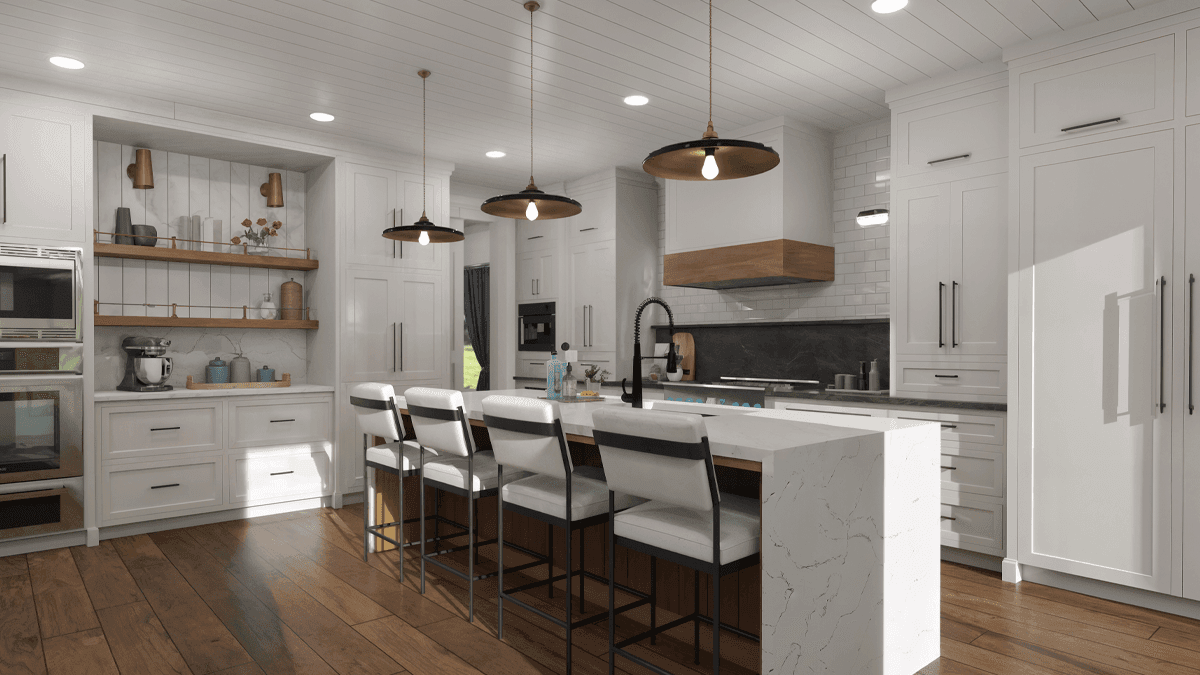 Modern farmhouse kitchen design with white shaker cabinets, beadboard ceiling, and hardwood flooring