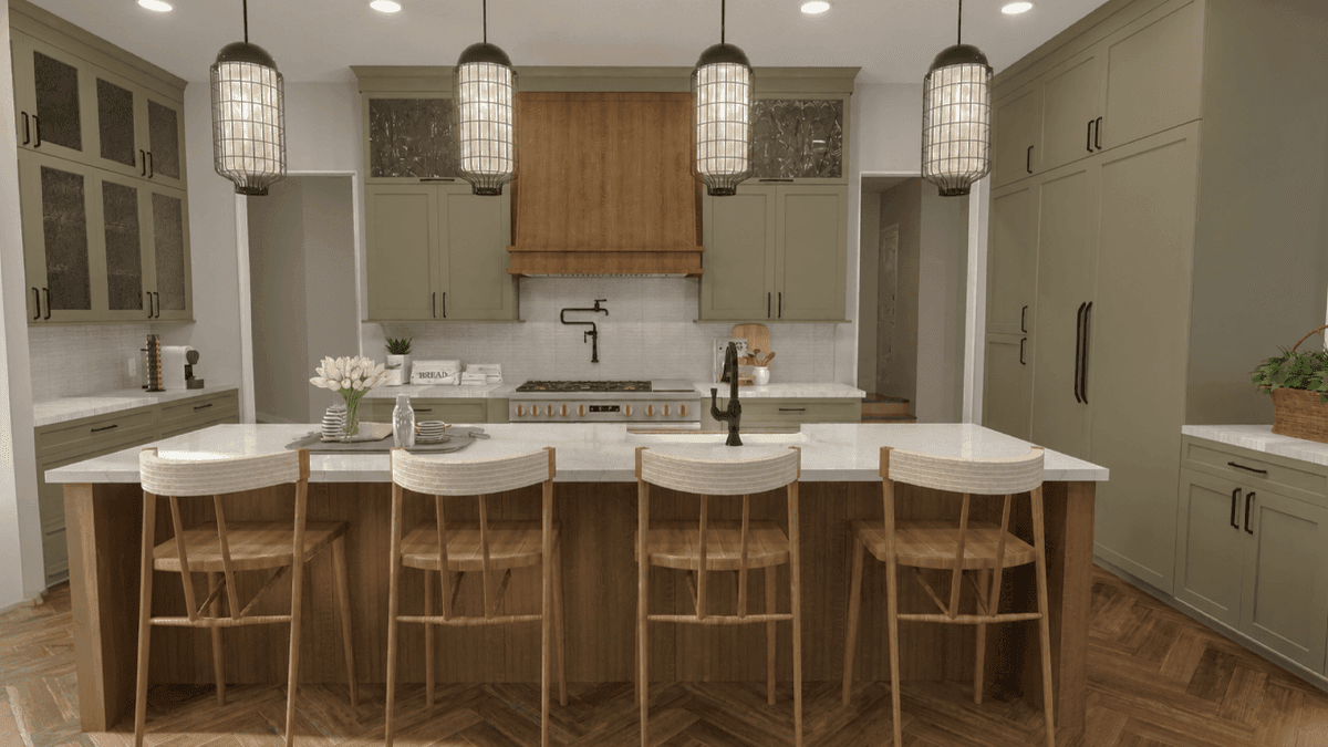 Photorealistic virtual kitchen design featuring sage green shaker cabinets, a walnut wood island, white quartz countertops, custom range hood, and modern pendant lighting