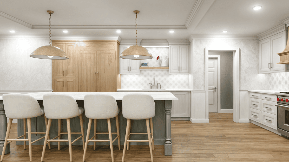 Virtual kitchen design featuring white and white oak cabinetry with a custom island and photorealistic 3D rendering