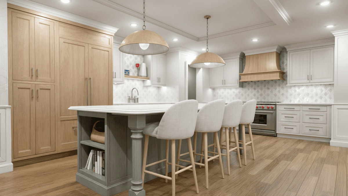 Virtual kitchen design featuring white and white oak cabinetry with a custom island and photorealistic 3D rendering