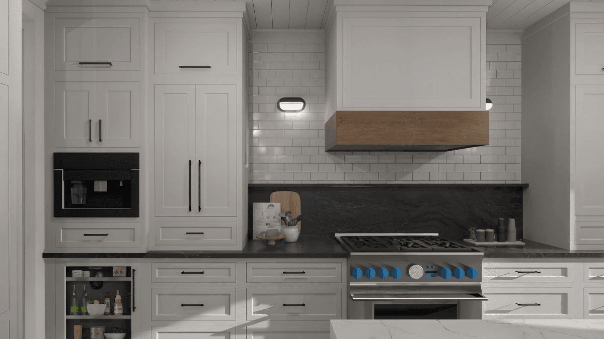Online kitchen design with custom cabinetry, wood range hood, recessed lighting, and open-concept layout