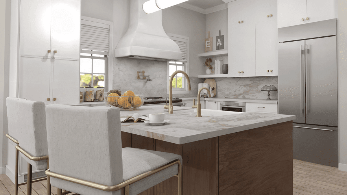 Virtual kitchen design featuring white skinny shaker cabinets, a walnut island, and marble countertops in a photorealistic 3D rendering