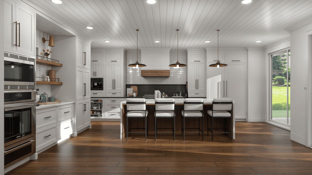 Open-concept kitchen interior rendering with custom millwork, expansive windows, and functional island design