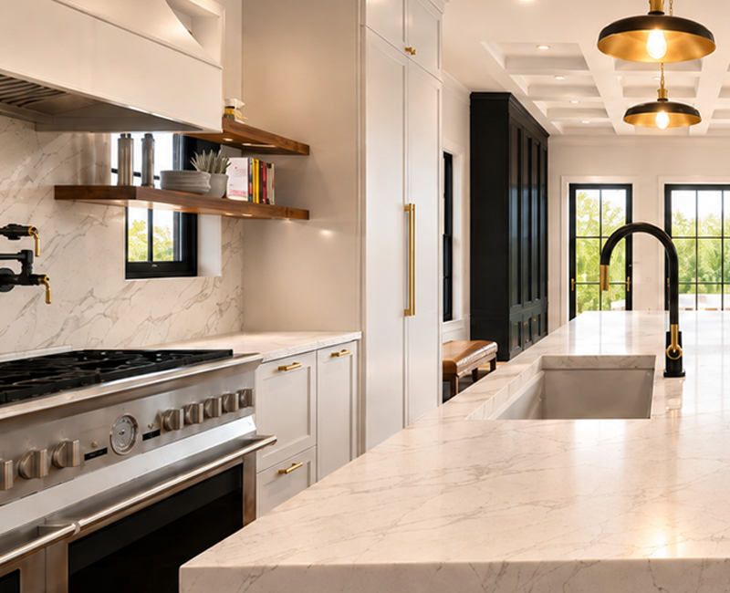 Photorealistic 3D kitchen rendering with white cabinetry, marble-look countertops, brass fixtures, and a large island