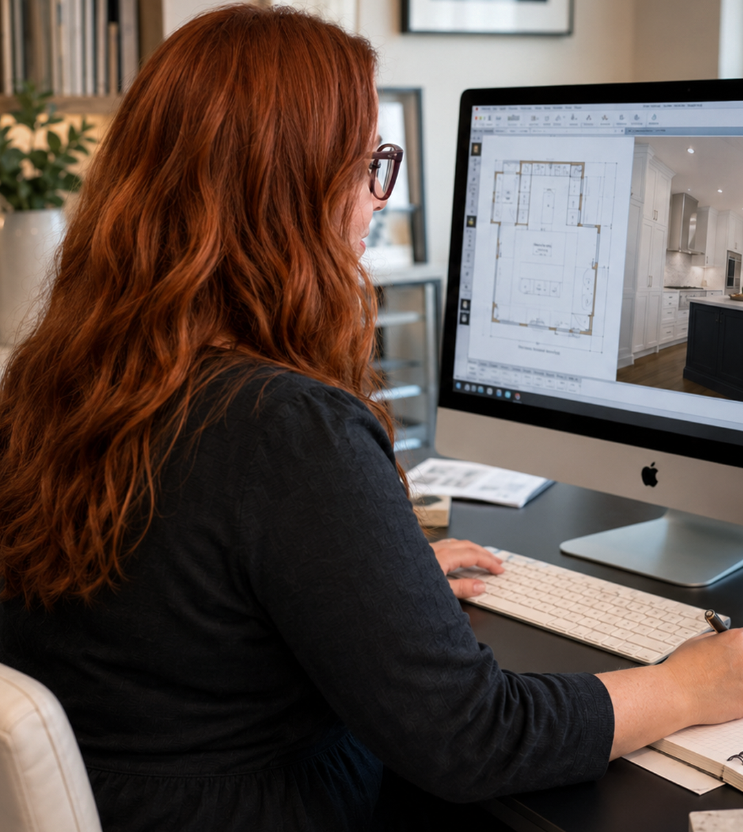 Candace working at her computer on a kitchen floor plan and 3D rendering in her design studio.