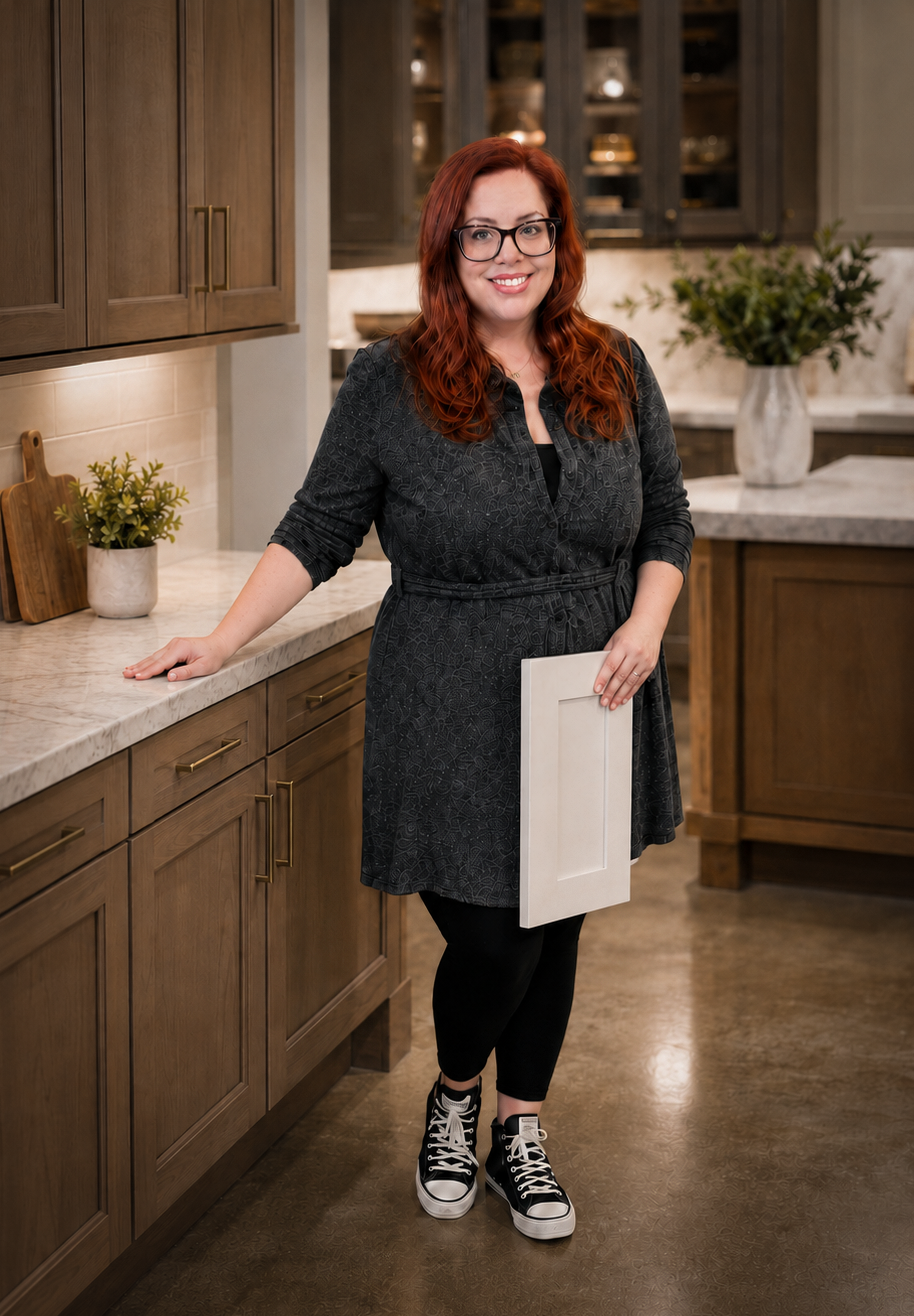 Candace, the kitchen and cabinetry designer behind Spaces by Candi, standing in a warm wood kitchen while holding a white cabinet door sample.