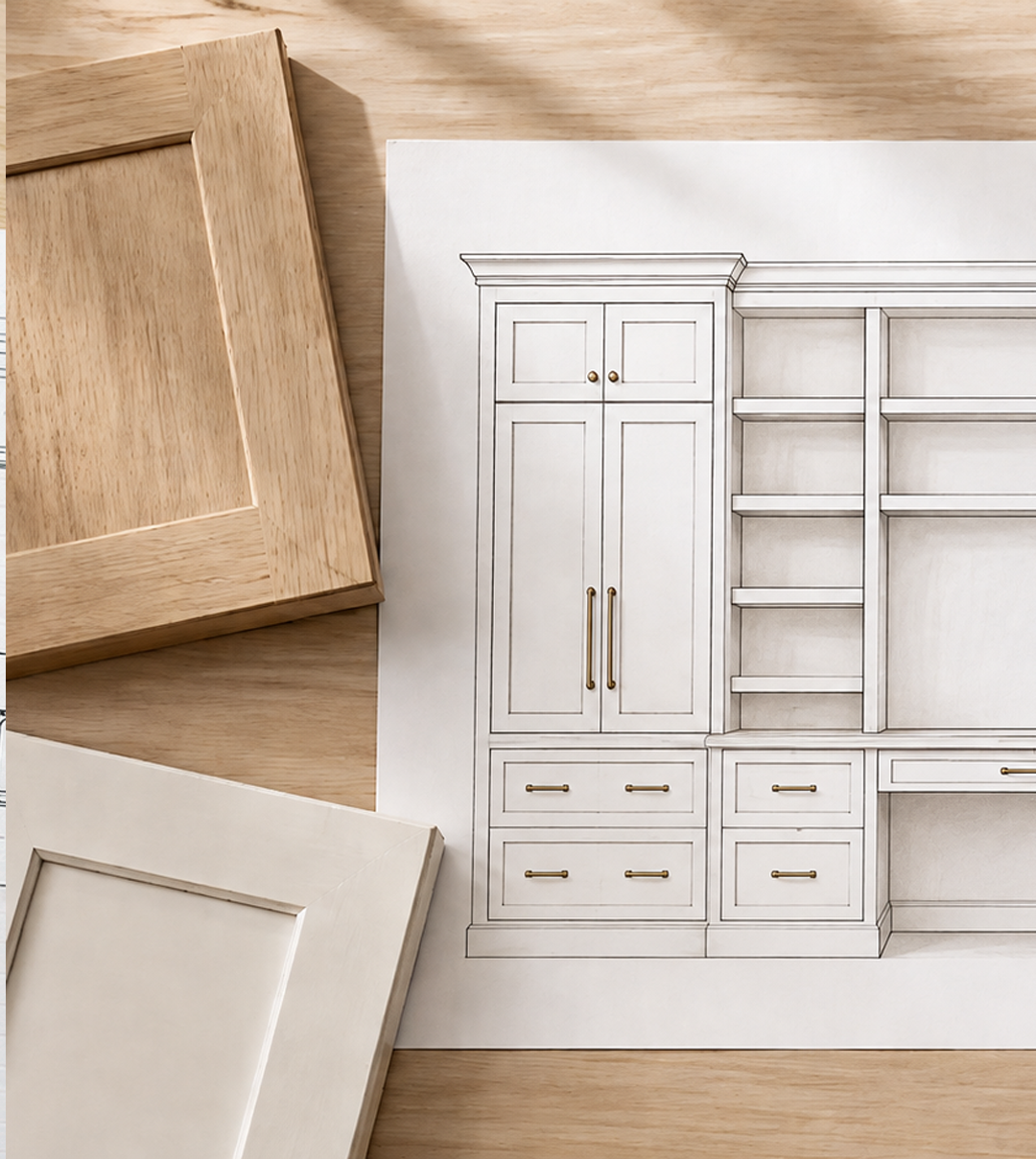 Printed elevation drawing of a symmetrical custom cabinetry design laid on a wood table with finish samples and cabinet hardware