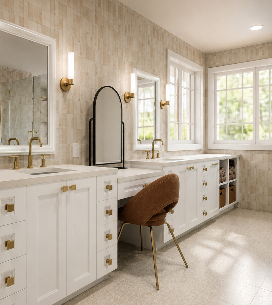 Photorealistic bathroom with a double vanity, central makeup station, white cabinetry, brass fixtures, beige tile walls