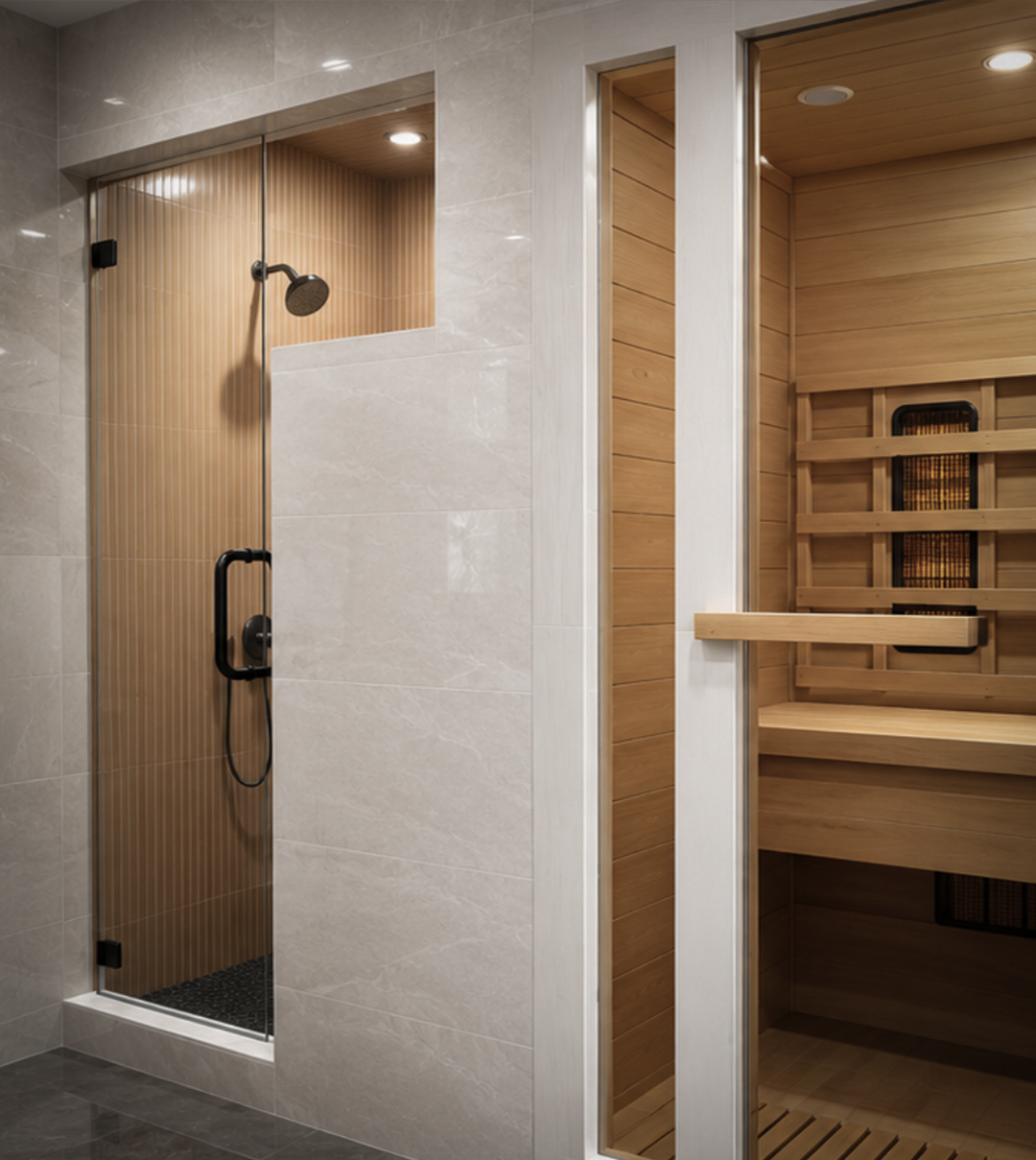 home-spa-bathroom-with-glass-shower-and-infrared-sauna