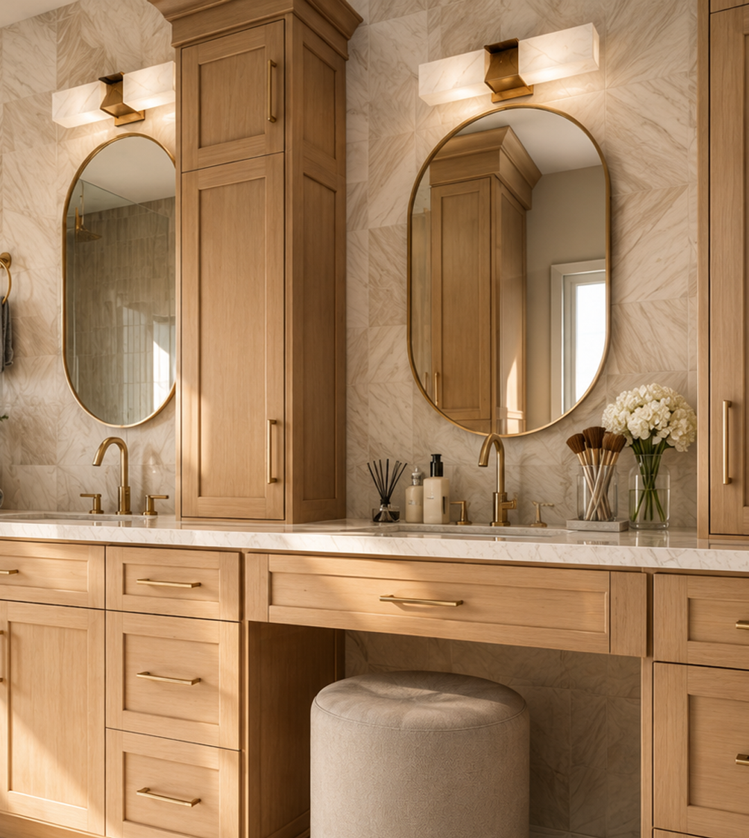 Photorealistic bathroom with a light oak double vanity, built-in makeup station, brass hardware, arched mirrors, marble surfaces, and a glass walk-in shower
