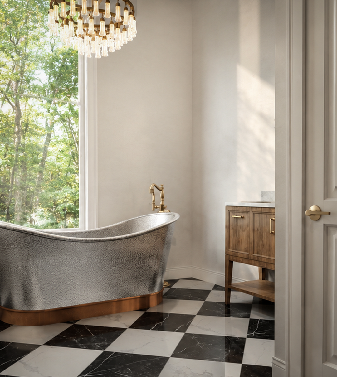 Photorealistic luxury bathroom with a hammered metal soaking tub, black-and-white checkered marble floor, brass fixtures, crystal chandelier, and tall window.