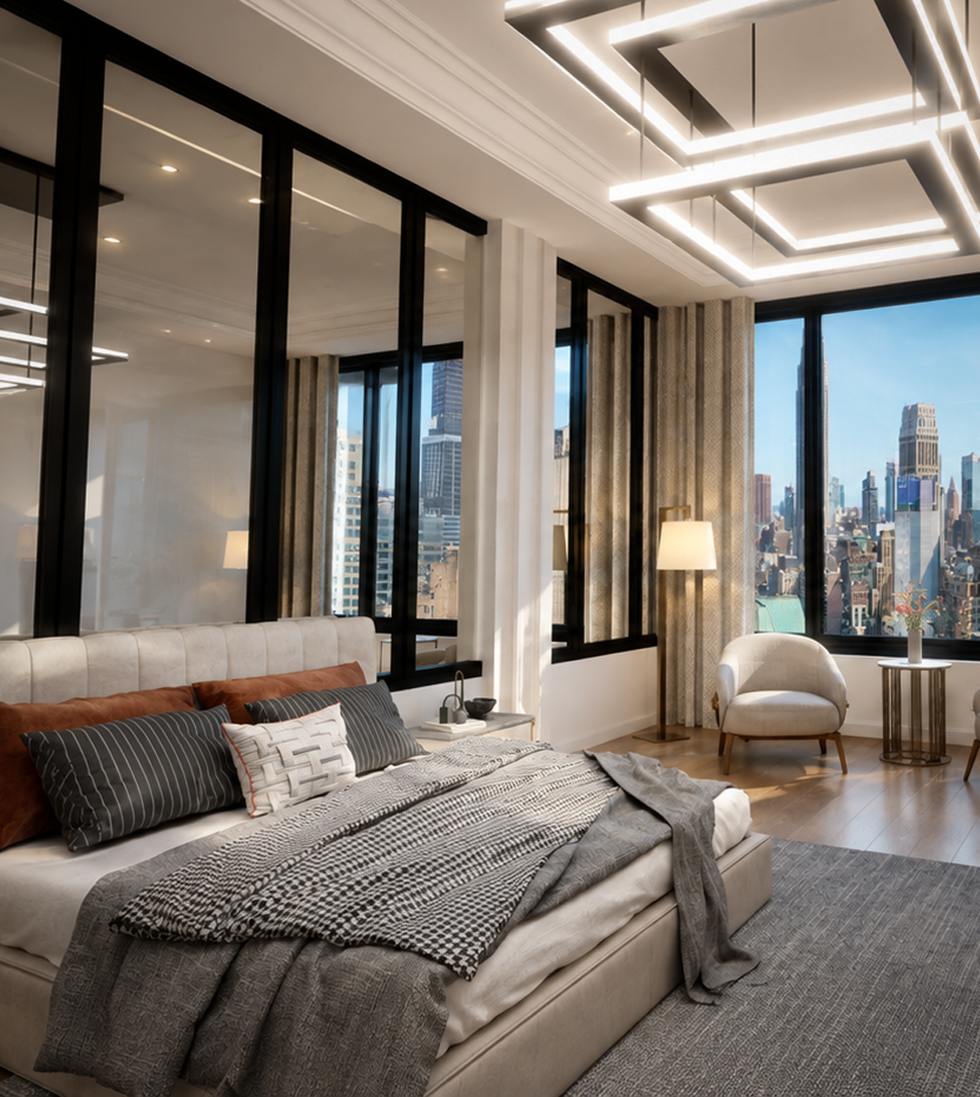 Photorealistic luxury primary bedroom with floor-to-ceiling city views, black-framed glass walls, layered neutral bedding, modern lighting, and a sitting area.