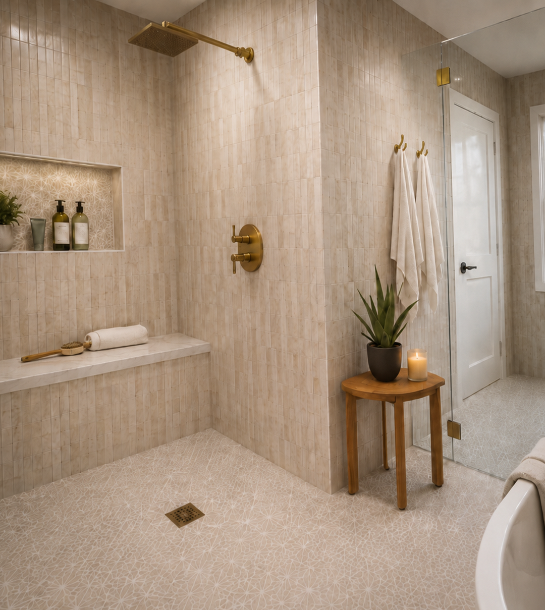 Photorealistic neutral bathroom design with a tiled walk-in shower, built-in bench, brass fixtures, freestanding tub, and fixed frosted-glass window.