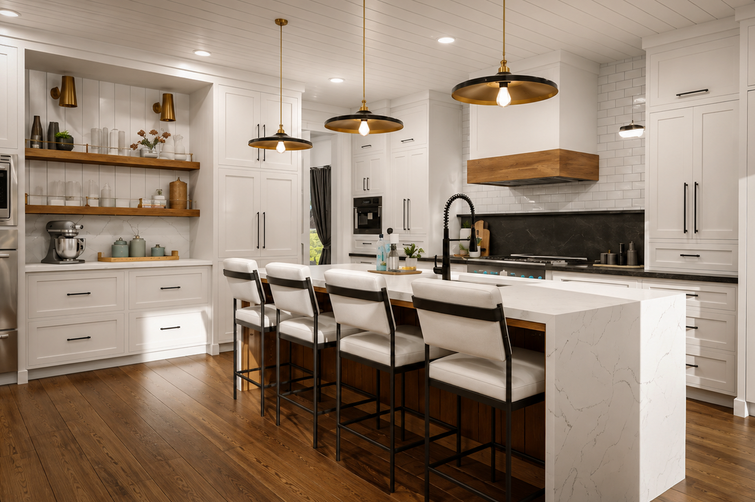 3D kitchen rendering for home remodeling with white custom cabinetry, open wood shelving, a marble island, pendant lighting, and integrated stainless steel appliances.