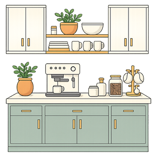 Hand-drawn icon of custom coffee bar cabinetry with an espresso machine, storage cabinets, shelves, and countertop accessories.