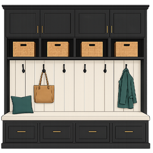 Hand-drawn icon of custom charcoal mudroom cabinetry with upper storage cabinets, matching baskets, coat hooks, a built-in bench, and lower drawers