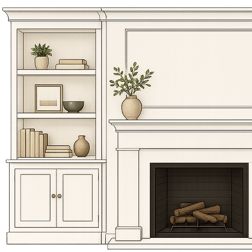 Hand-drawn icon of off-white living room built-ins with base cabinets, open shelving, and a decorative fireplace mantel.