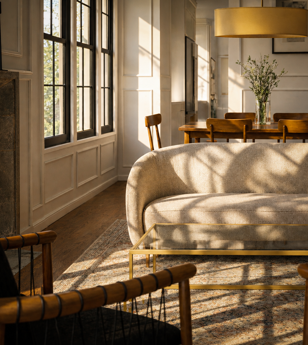 Photorealistic rendering of a sunlit living room with a curved neutral sofa, glass coffee table, black accent chairs, wood dining table, and warm hardwood flooring