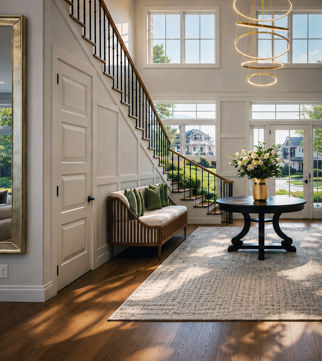 Photorealistic two-story foyer with white paneled walls, hardwood flooring, a modern ring chandelier, staircase, entry bench, round table, and glass front doors.