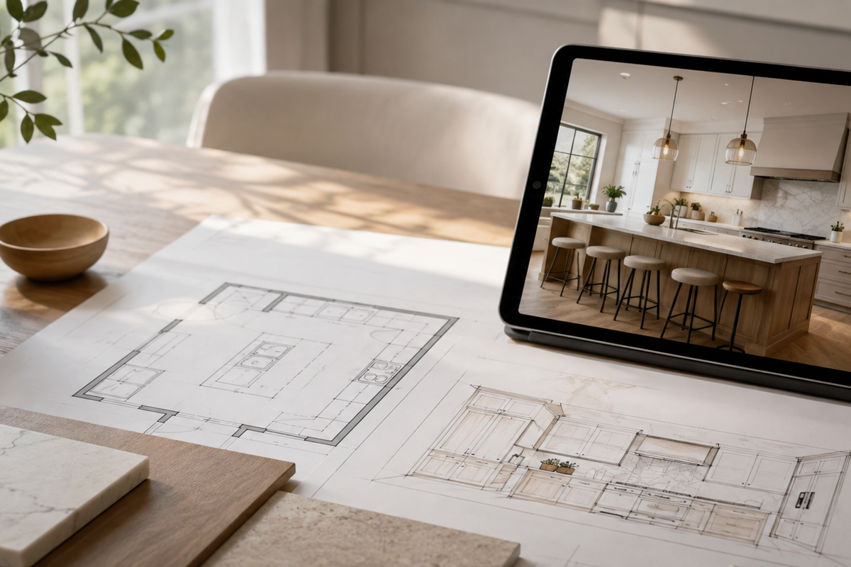 Kitchen layout drawings, cabinetry sketches, material samples, and a photorealistic rendering