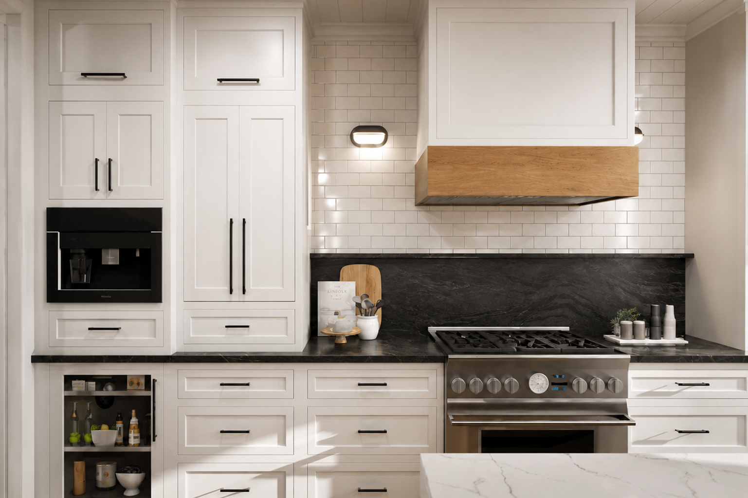 Photorealistic 3D rendering for home remodeling featuring a bright white kitchen, large waterfall island, four counter stools, wood-accented range hood, and black fixtures.