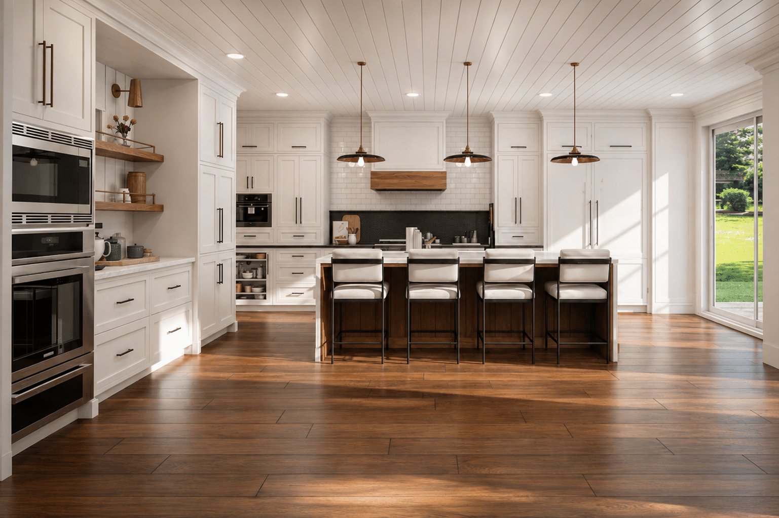 3D rendering for home remodeling showing a white kitchen with a marble waterfall island, upholstered seating, black pendant lights, custom cabinetry, and warm wood flooring.