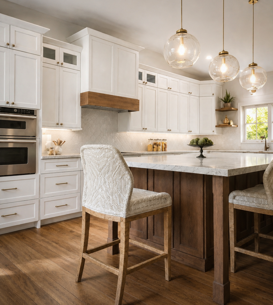 Photorealistic 3D renderings of a white kitchen with a dark wood island, marble countertop, upholstered counter stools, glass globe pendant lights, brass hardware, and warm hardwood flooring
